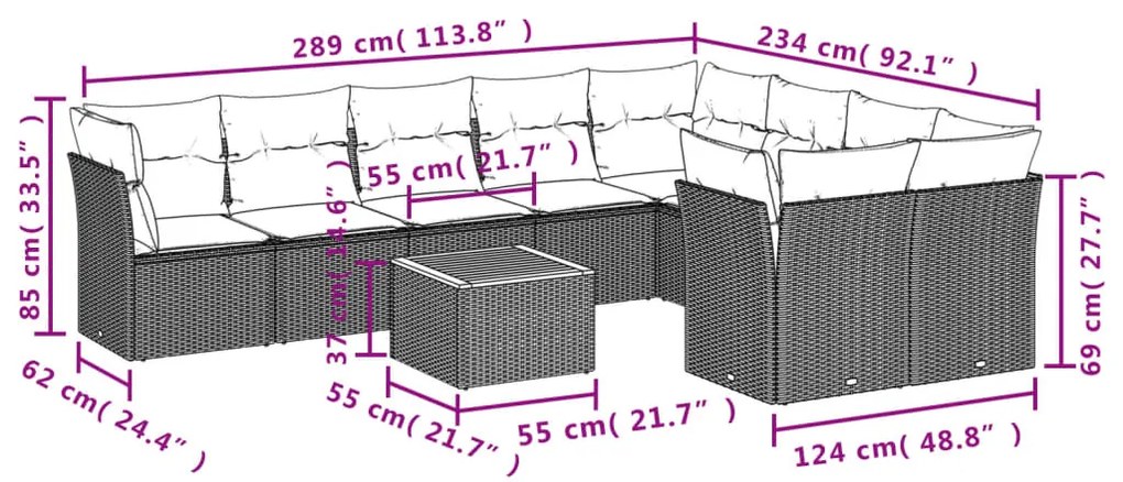 10 pcs conjunto sofás de jardim c/ almofadões vime PE preto