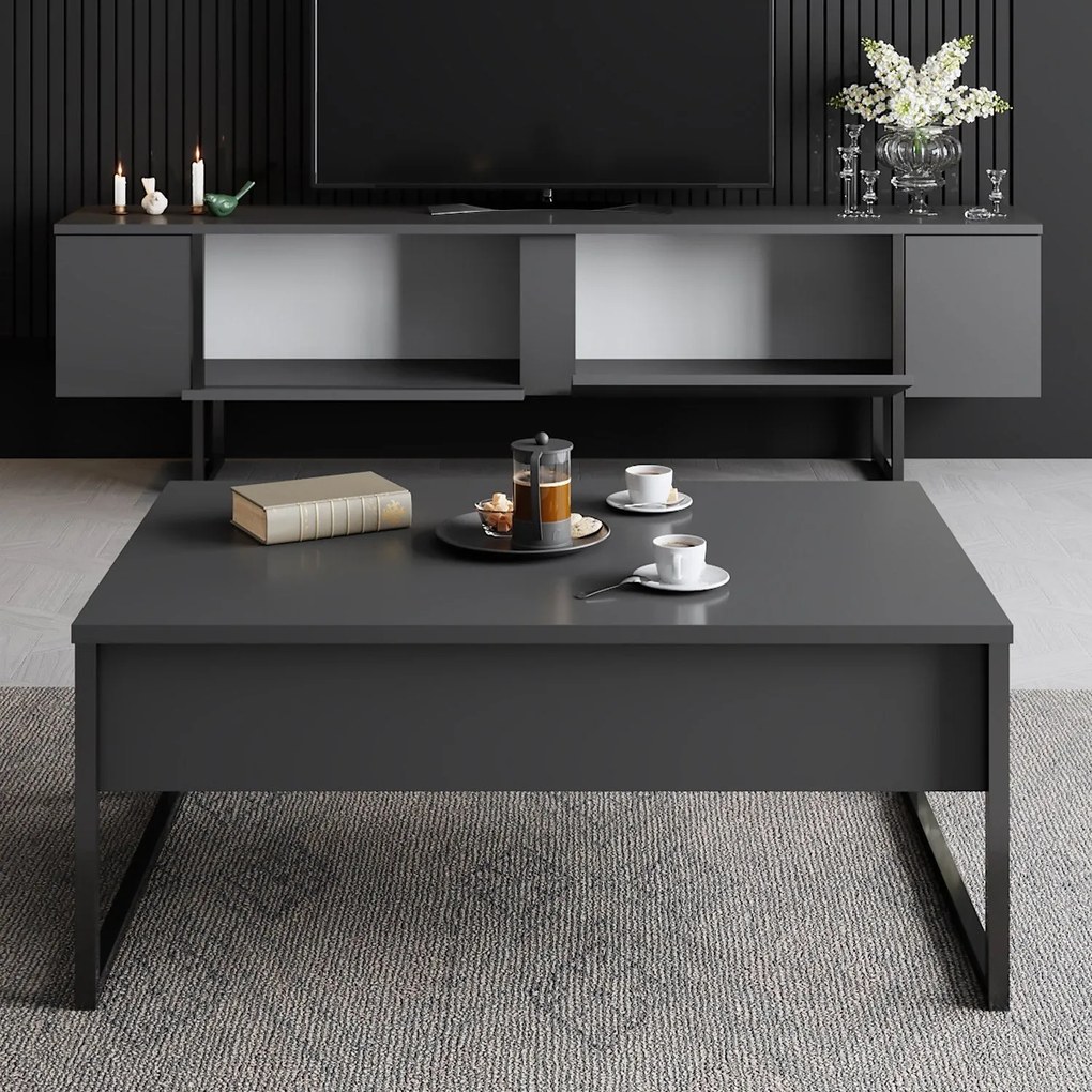 Conjunto de Mobiliário de Sala Luxe Set – Preto Antracite – TV Stand: