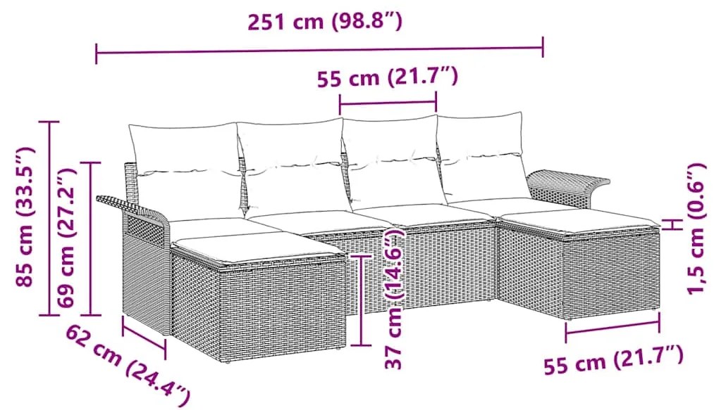 Sofá de Jardim 6 Peças com Almofadas Beiges em Rattan Sintético