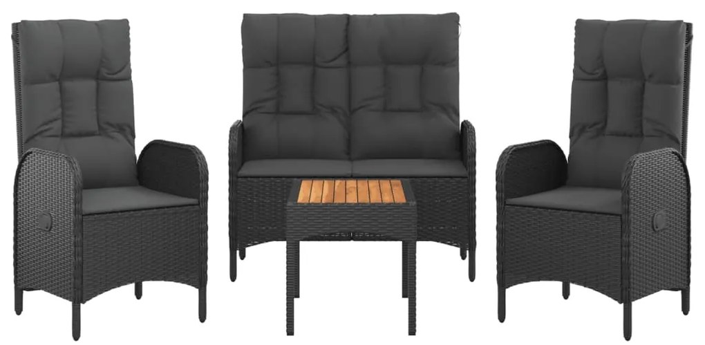 4 pcs conjunto de jardim p/ jardim c/ almofadões vime PE preto