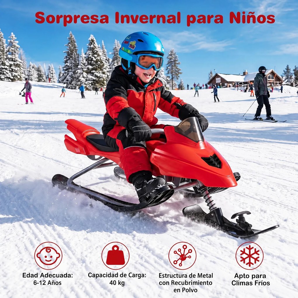 Trenó de Neve Infantil, 136 x 48 x 39 cm, Guiador Direcional, Vermelho