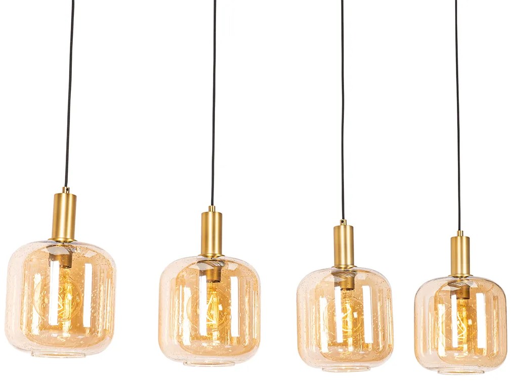 Candeeiro de suspensão design preto com latão e vidro âmbar 4-luzes - Zuzanna