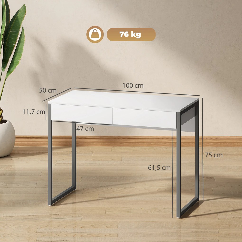 Secretária com 2 Gavetas 100x50 cm Mesa de Computador Pernas de Aço para Casa Escritório Espaços Pequenos Branco Brilhante