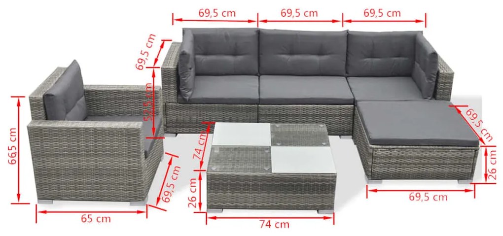 6 pcs conjunto lounge de jardim c/ almofadões vime PE cinzento