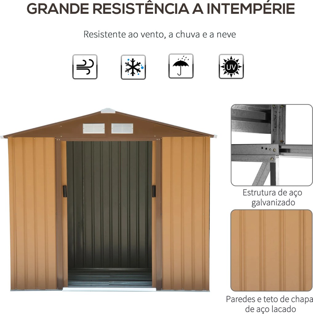 Abrigo de Jardim 213x130x185cm Abrigo de Jardim Metálico de Exterior com 2 Portas Deslizantes e 4 Janelas Castanho Claro