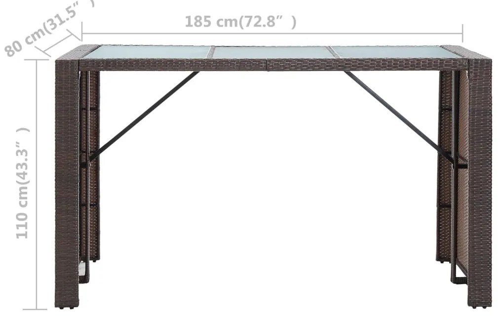 7 pcs conjunto bar para jardim c/ almofadões vime PE castanho