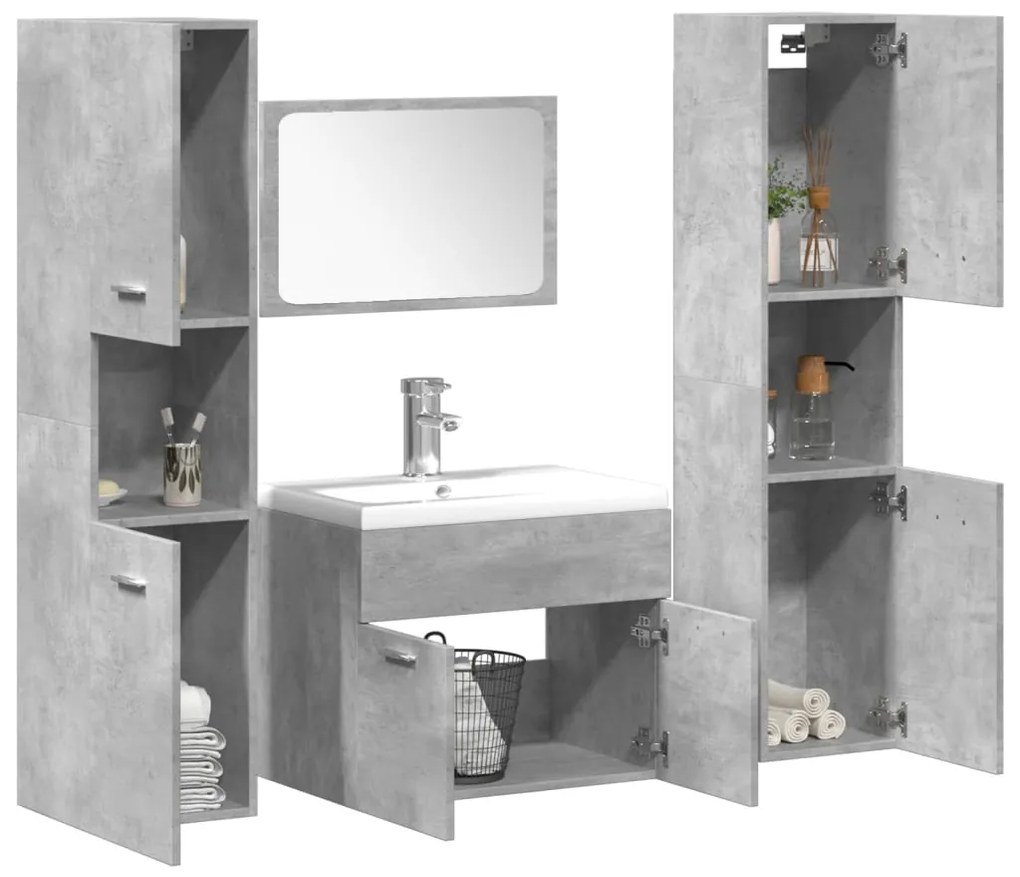 vidaXL 4 pcs conj. móveis casa banho derivados madeira cinza cimento