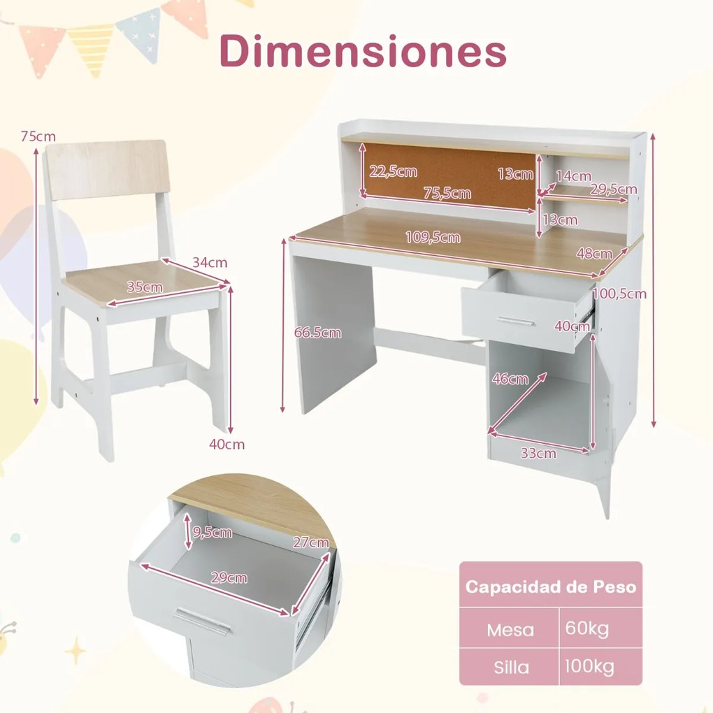 Conjunto de secretaria e cadeira infantil com estante, gaveta, armário, quadro de cortiça e banco com encosto inclinado 109,5 x 48 x 100,5 cm Natural