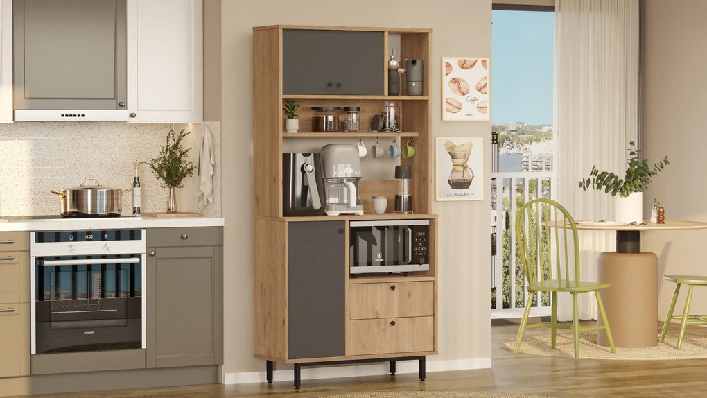 Armário Alto de Cozinha "Toledo" E-1 - Carvalho e Antracite- 88x180x35