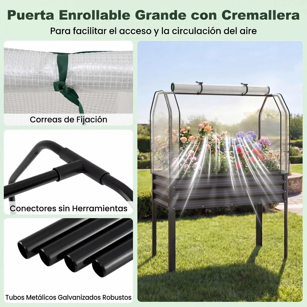 Floreira elevada com estufa 112 x 55 x 152 cm, canteiro de jardim em metal galvanizado com cobertura de proteção e porta enrolável para pátio, terraço