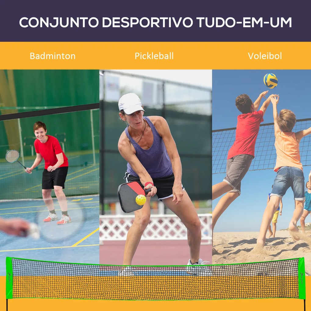 Kit de Badminton de 7 Peças Jogo de Badminton com 2 Raquetes 3 Badminton 2 Raquetes de Pickleball 2 Bolas de Pickleball Bola de Voleibol e Rede com Su