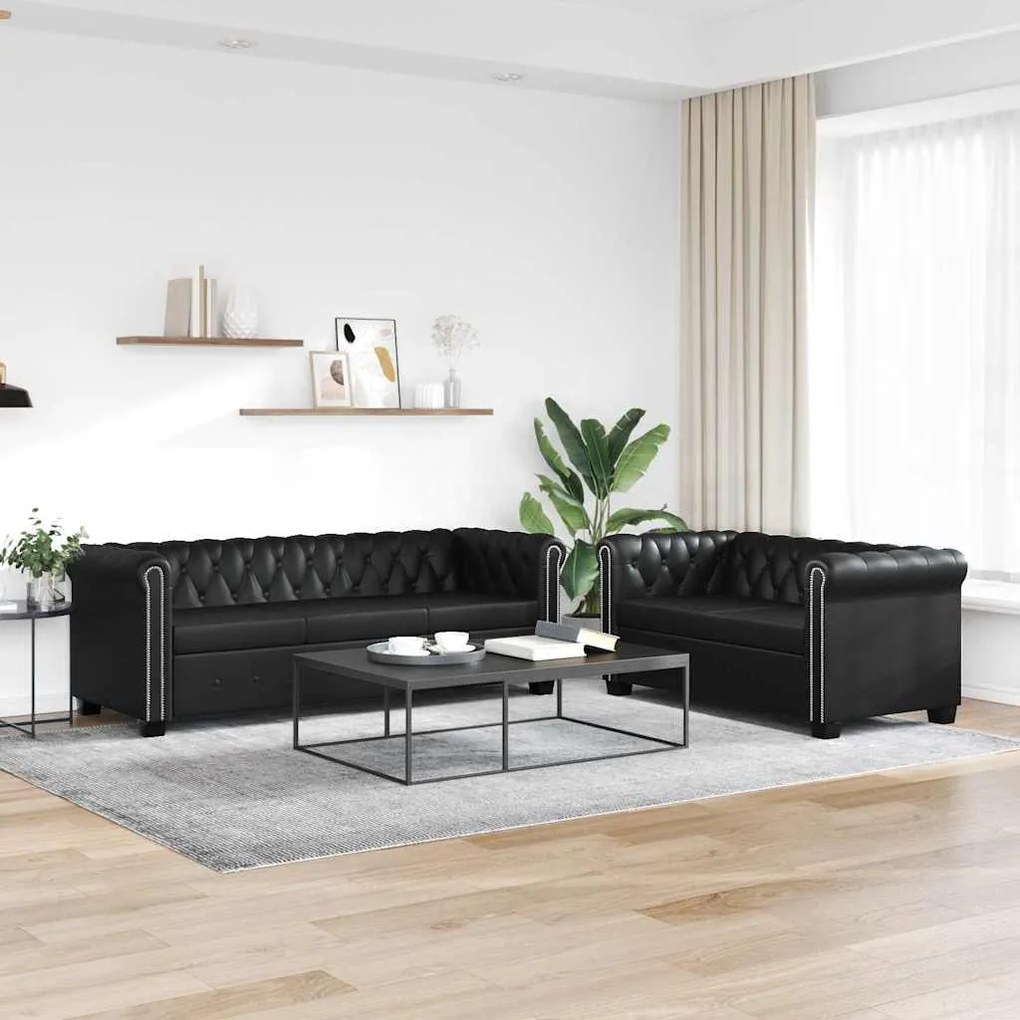 vidaXL Conjunto sofás Chesterfield 2 + 3 lugares couro artific. preto