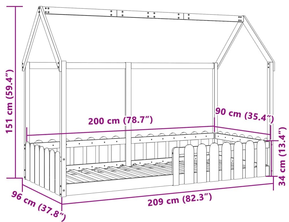 Estrutura de cama infantil formato casa 90x200 cm pinho maciço