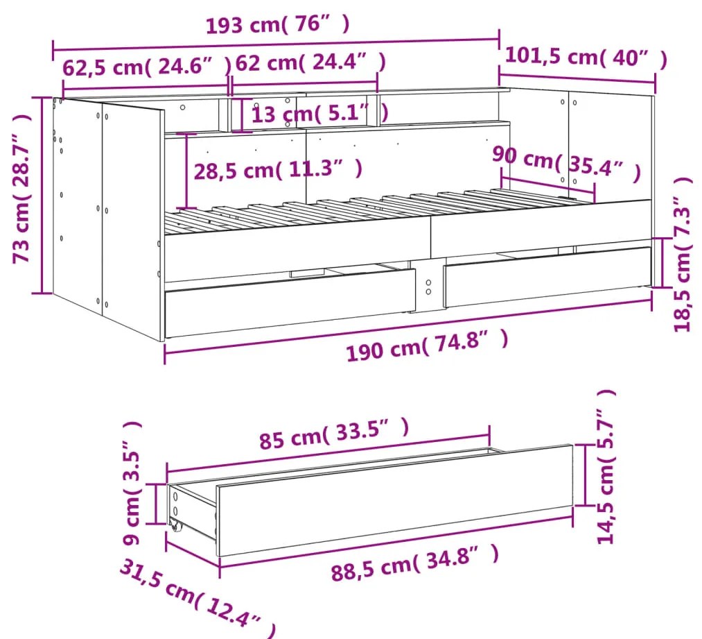 Sofá-cama com gavetas sem colchão 90x190 cm cinzento cimento