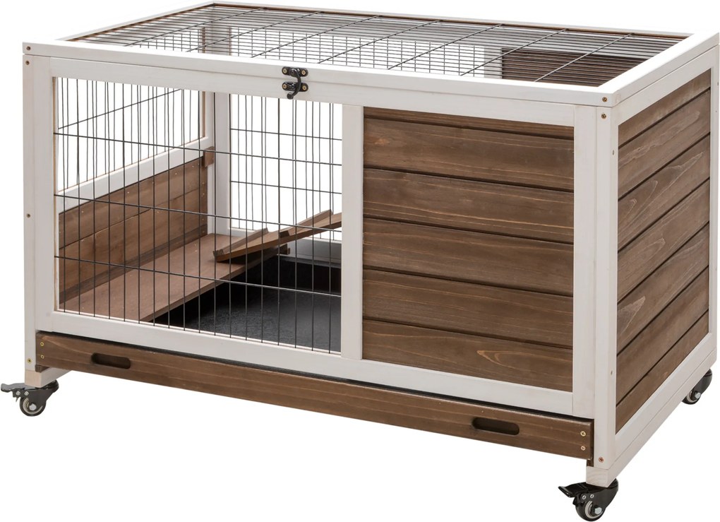 Gaiola para coelhos com rodas, 2 andares, porta com fechadura, teto abrível, tabuleiro deslizante e rampa, castanho e branco