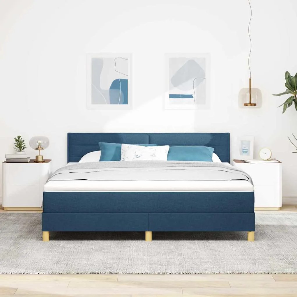 Cama Box Spring com Colchão &amp; LED Azul 180x200 cm Tecido