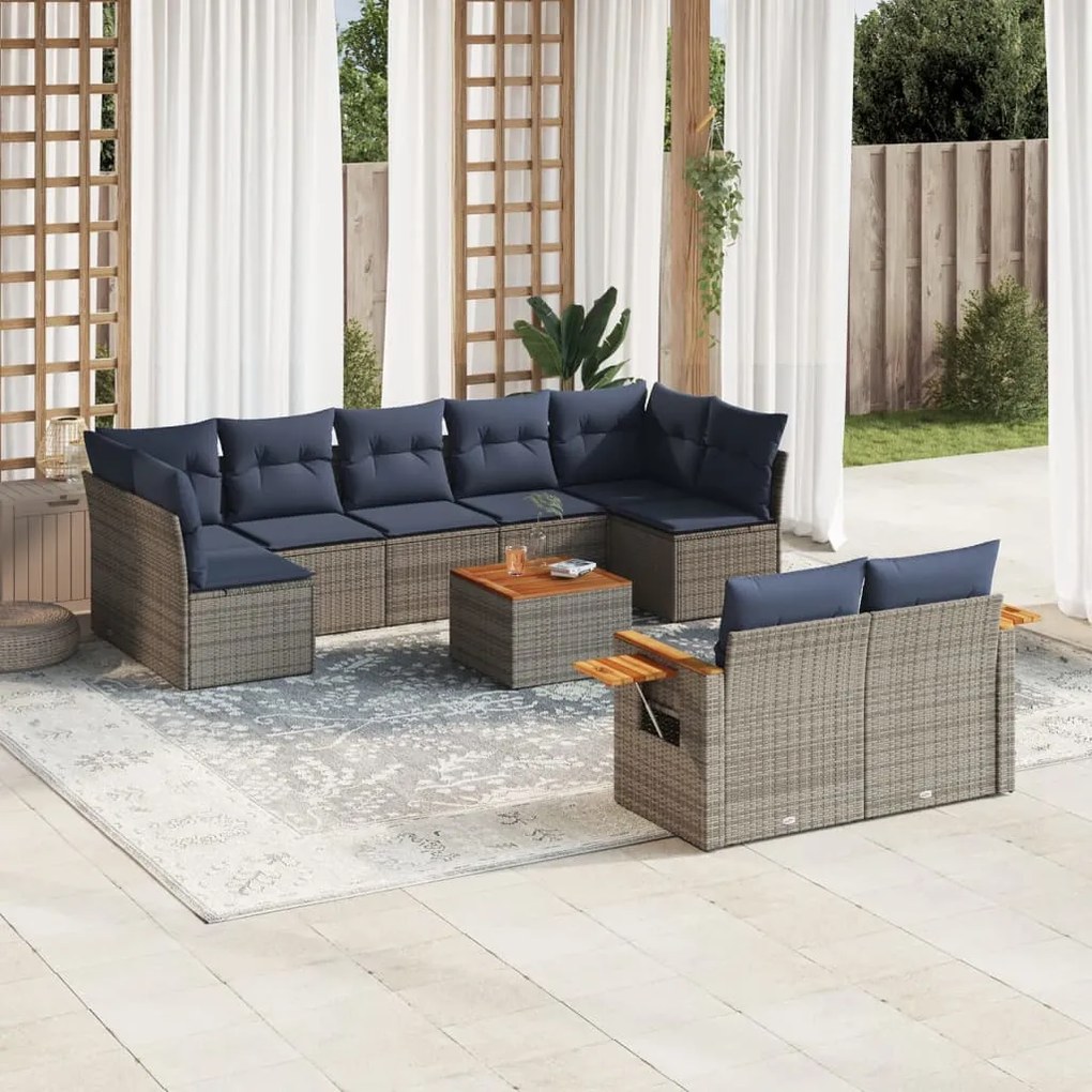10 pcs conjunto sofás p/ jardim c/ almofadões vime PE cinzento
