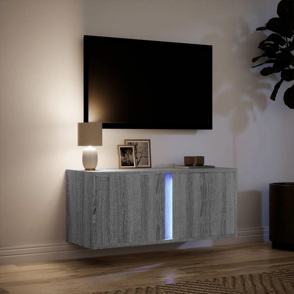 Móvel de parede p/ TV c/ luzes LED 80x31x35 cm cinzento sonoma