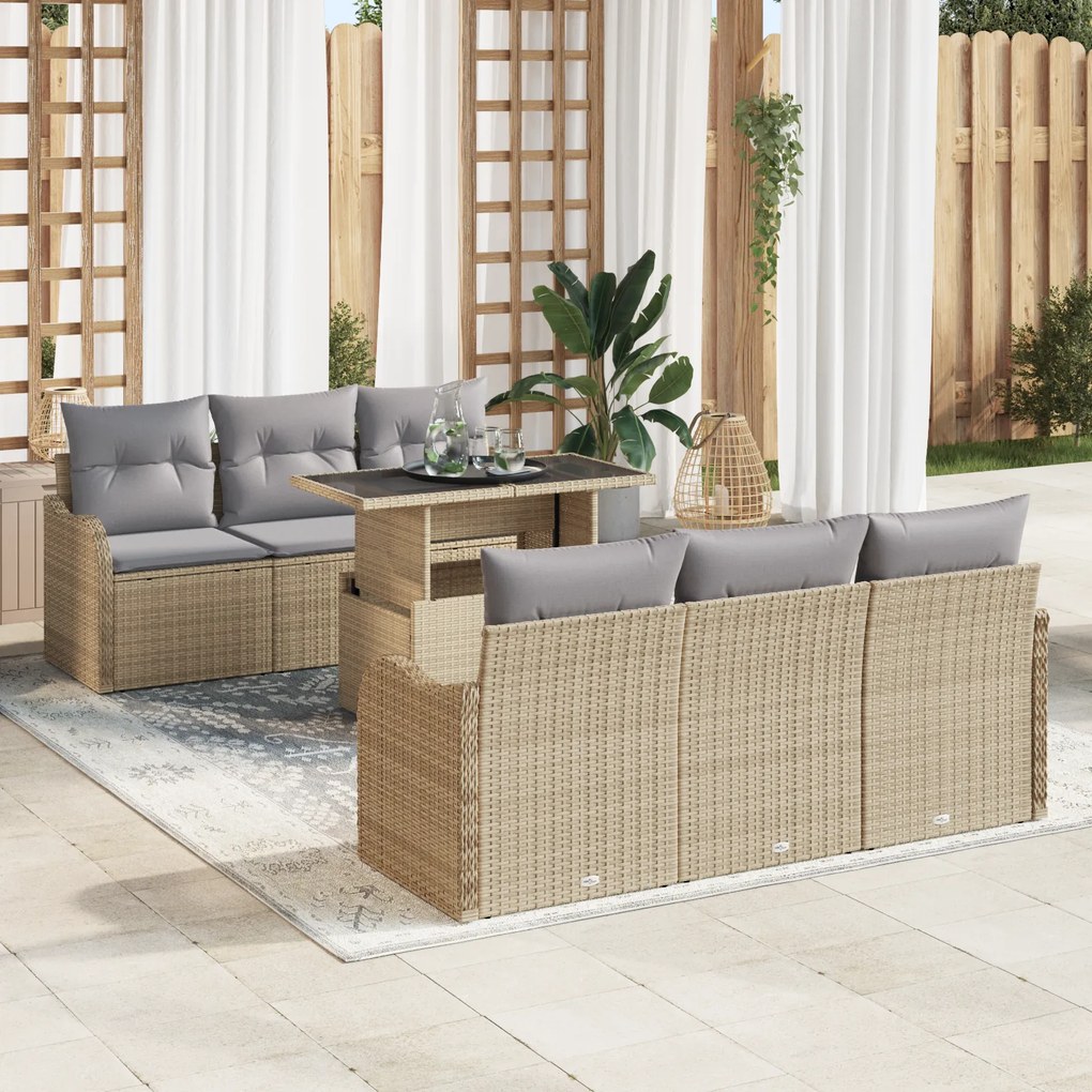 Conjunto de Sofá de Jardim vidaXL de 7 peças com Almofadas Bege Rattan