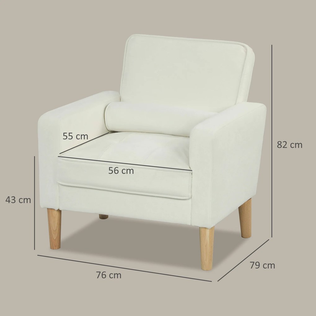Sofá Sala de Estar Estofada em Veludo Poltrona de Leitura com Assento com Botões e Pés de Madeira 76x79x82 cm Creme