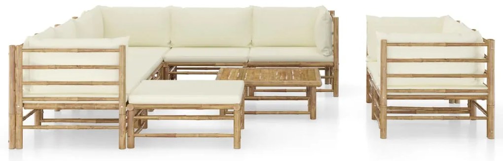 10 pcs conj. lounge jardim em bambu c/ almofadões branco nata