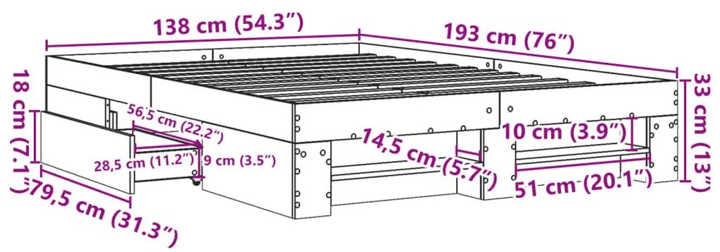Estrutura de cama 135x190 cm derivados de madeira cinza sonoma