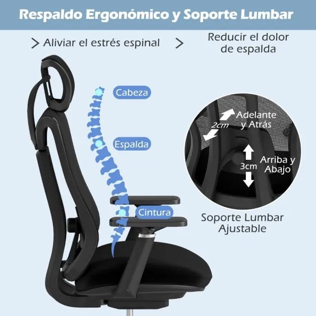 Cadeira de escritório em malha com encosto ajustável em 3 níveis, almofada lombar e apoio para a cabeça, braços, 70 x 68 x 116-124 cm, preta