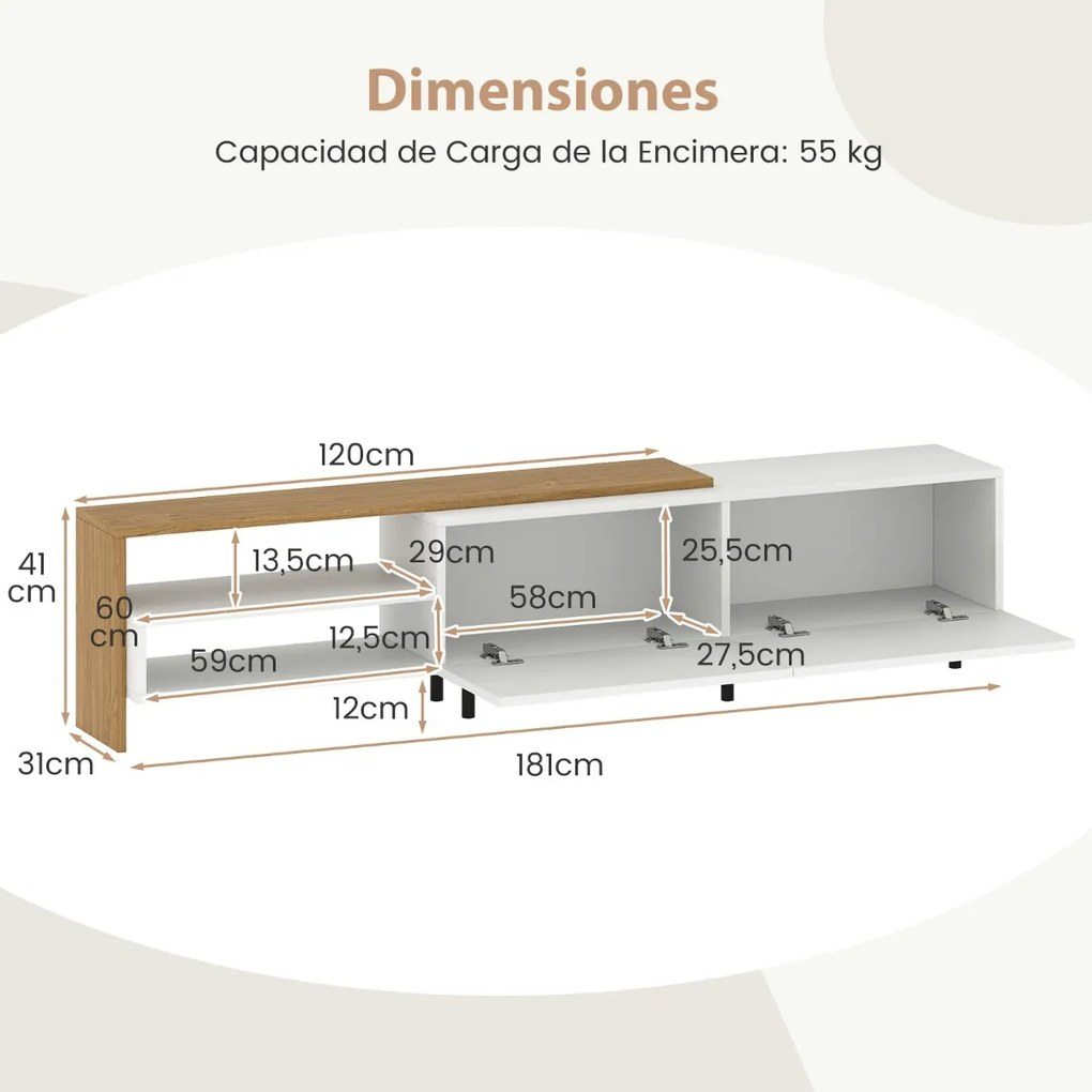 Móvel de TV 181 x 31 x 41 cm moderno com prateleiras de armazenamento Branco e Natural
