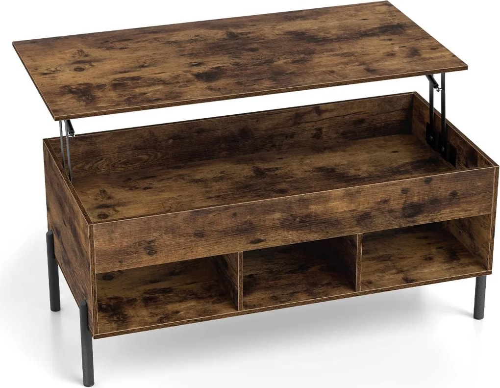 Mesa de centro 100 x 50 x 45 cm elevável com tampo ajustável, amplo compartimento oculto e 3 espaços abertos, com pés em metal Café