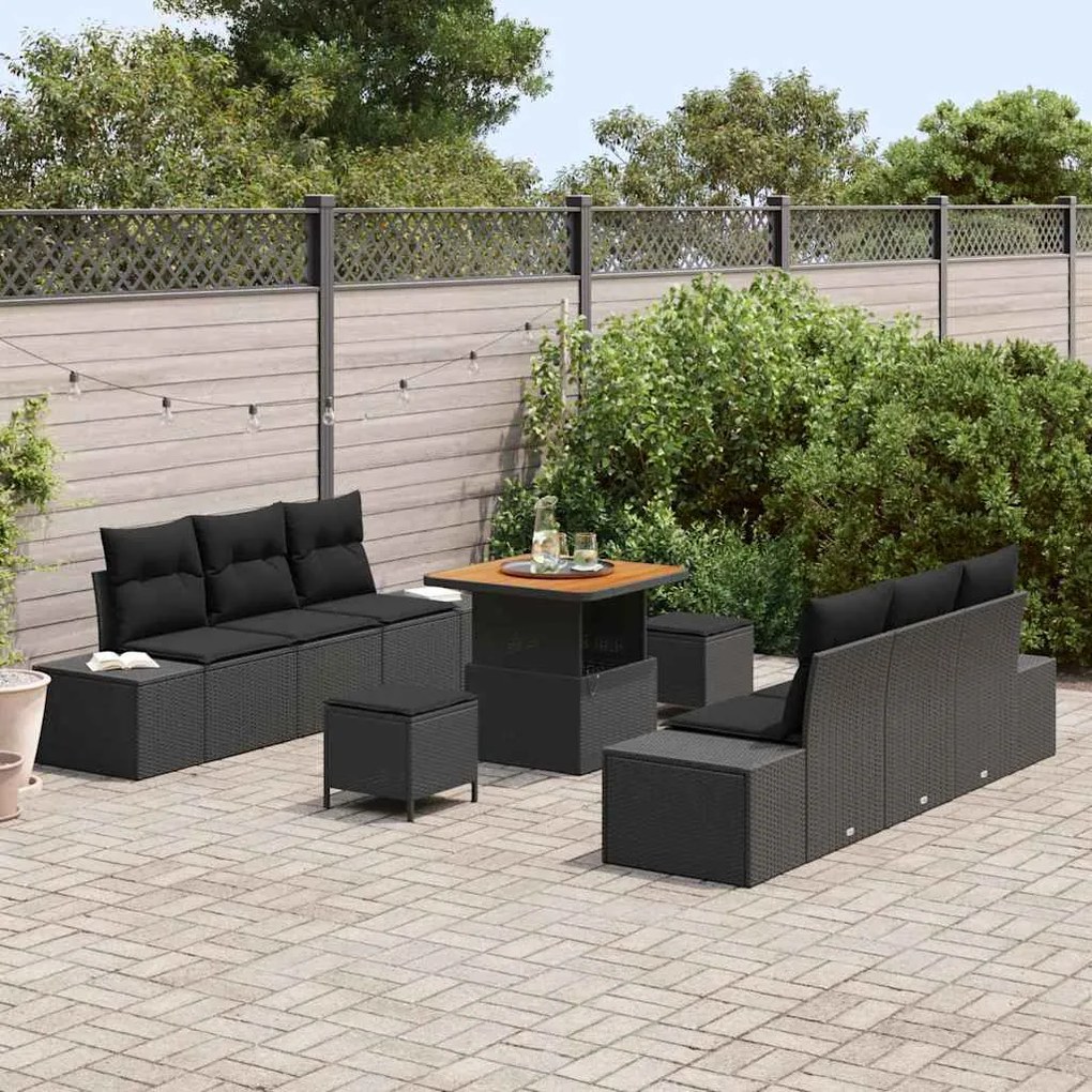Conjunto de Sofás de Jardim vidaXL de 9 Peças com Almofadas Preto Vime