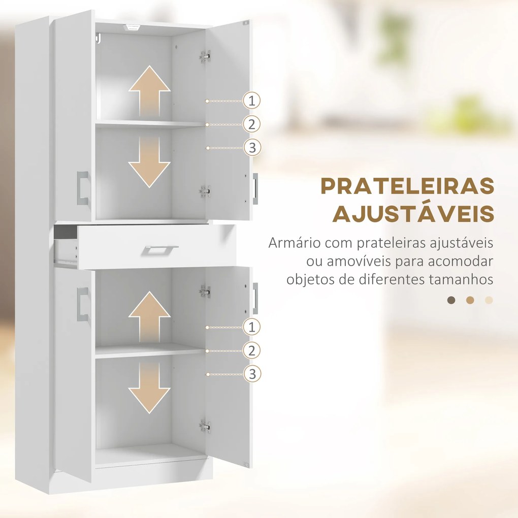 Armário de Cozinha com 4 Portas 1 Gaveta e Prateleiras Ajustáveis Anti-Tombo Armário de Cozinha Moderno 70,8x34x180 cm Branco