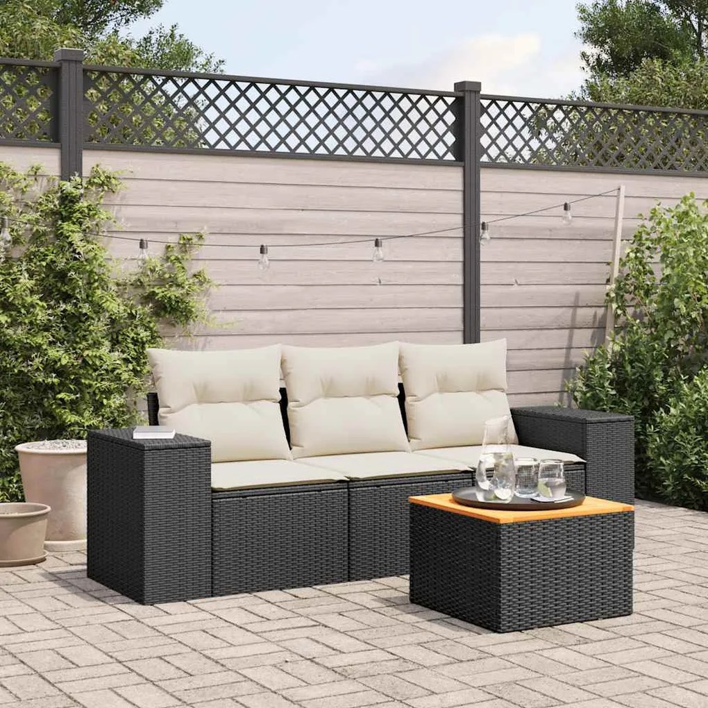 4 pcs conjunto de sofás para jardim c/ almofadões vime PE preto