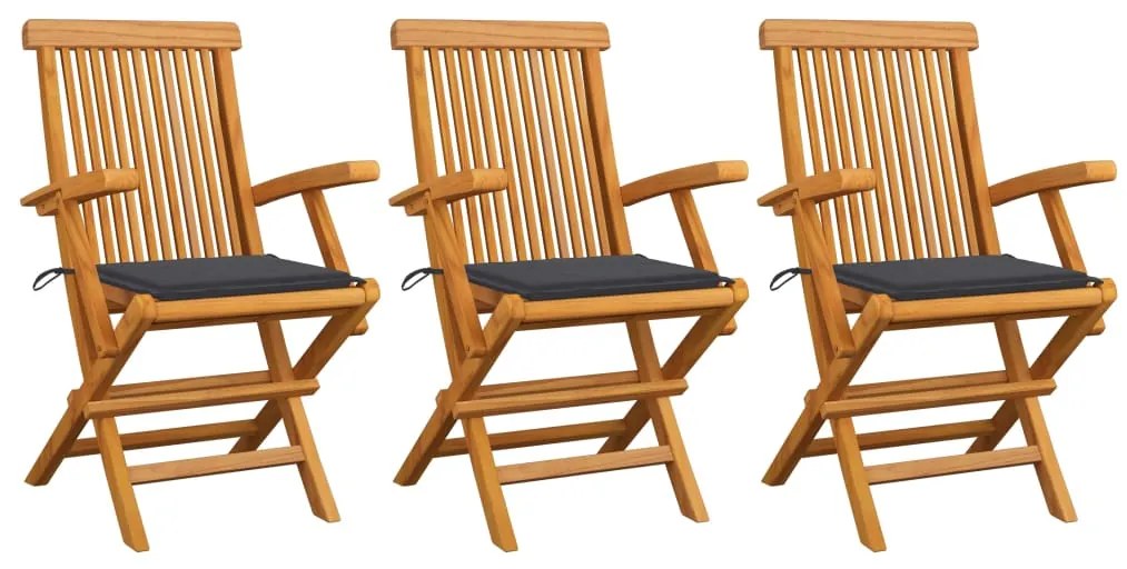 vidaXL Cadeiras de jardim c/ almofadões antracite 3 pcs teca maciça
