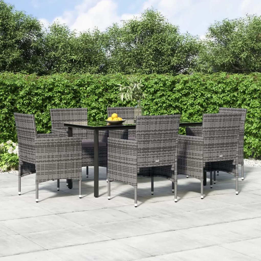 vidaXL 7 pcs conjunto de jantar p/ jardim c/ almofadões cinza e preto