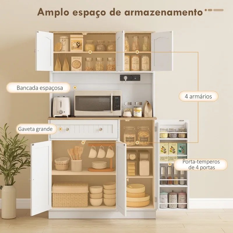 Armário de Cozinha Alto com Estação de Carregamento 6 Portas 1 Gaveta Prateleiras Ajustáveis 4 Prateleiras 100x40x173 cm Branco