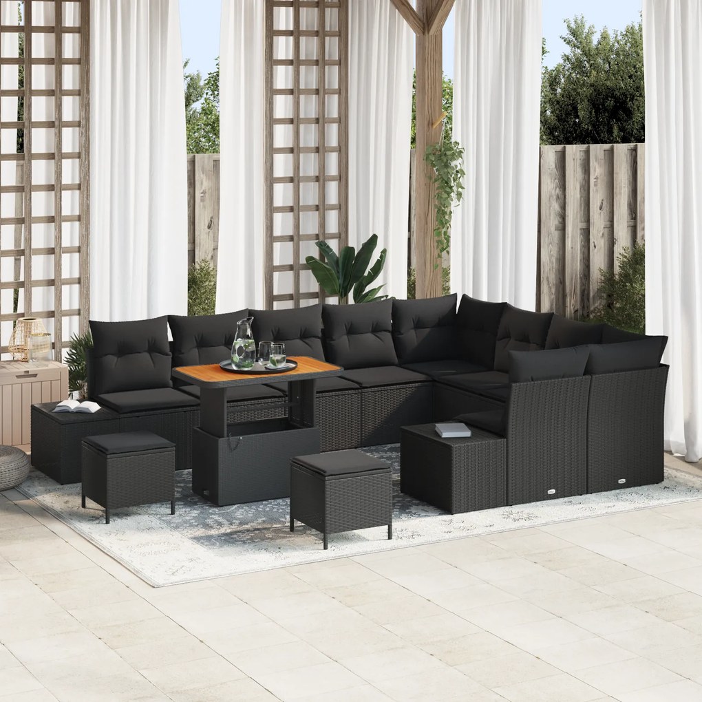 Conjunto de Sofá de Jardim de 12 peças com Almofadas Preto Vime Poliés