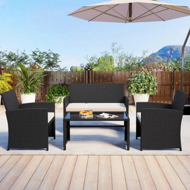 Conjunto de jardim em rattan com 4 peças: sofás de 2 lugares, mesa de vidro temperado e almofadas para exterior, varanda ou piscina, Preto+creme