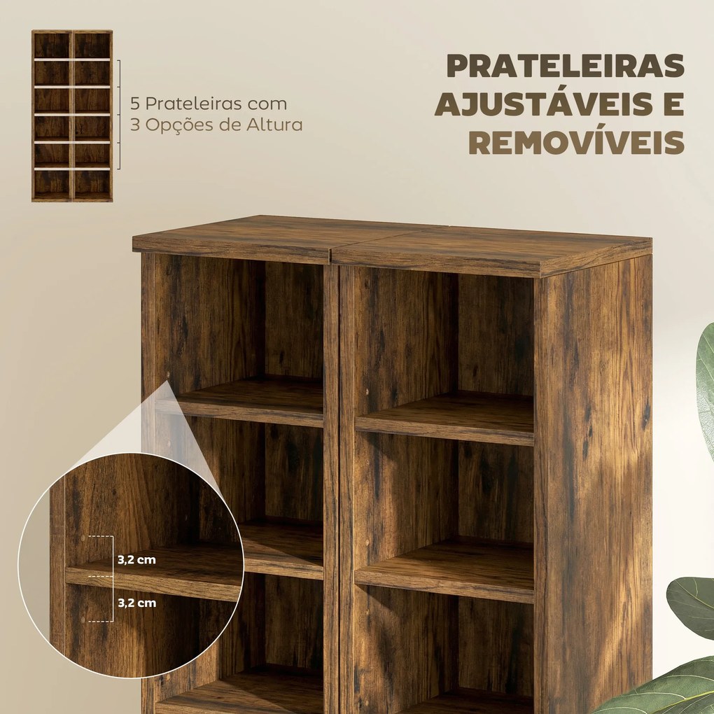 Conjunto de 2 Estantes para CDs e DVDs com 12 Compartimentos Prateleiras Ajustáveis 21x22,5x88,5 cm Castanho Rústico