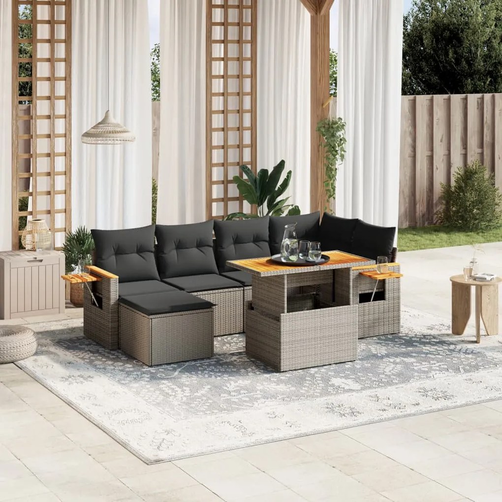 7 pcs conjunto sofás p/ jardim c/ almofadões vime PE cinzento
