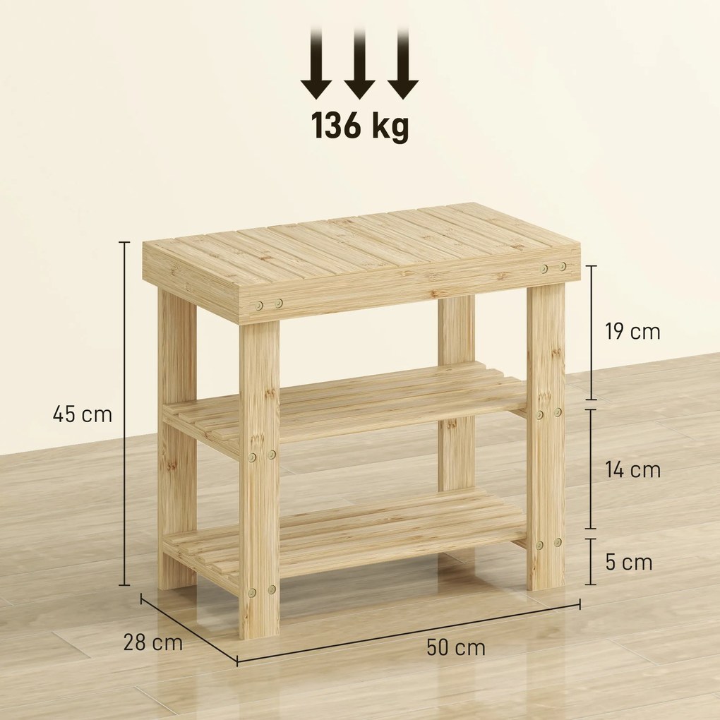 Banco Sapateira de Bambu Organizador de Sapatos com 2 Prateleiras para 4 Pares de Sapatos 50x28x45 cm Madeira