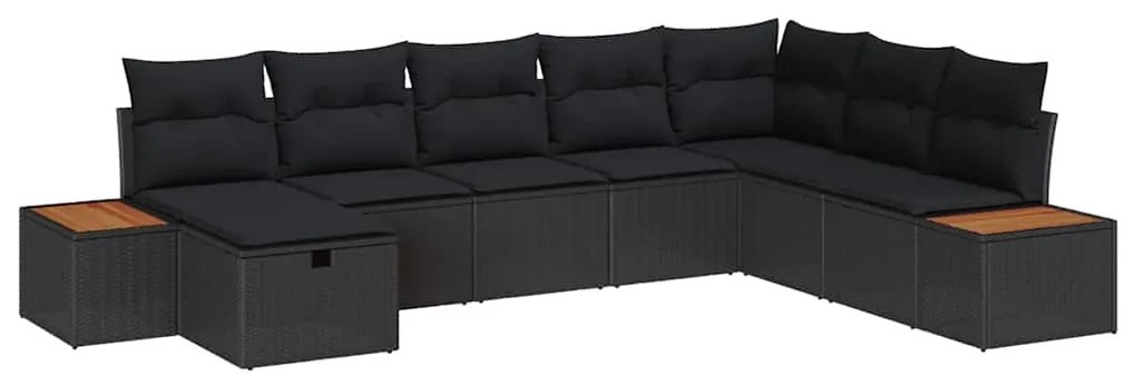 Sofá de Jardim 8 Peças com Almofadas - Preto, Rattan, Poliéster