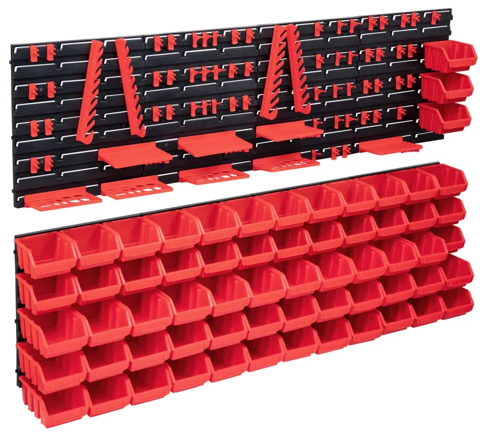vidaXL 141 pcs kit caixas arrumação c/ painéis parede vermelho e preto