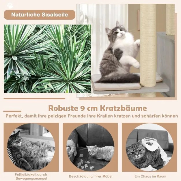 Arranhador Gatos 176 cm de 6 níveis com tapetes confortáveis, caverna e arco para gatos em cinzento