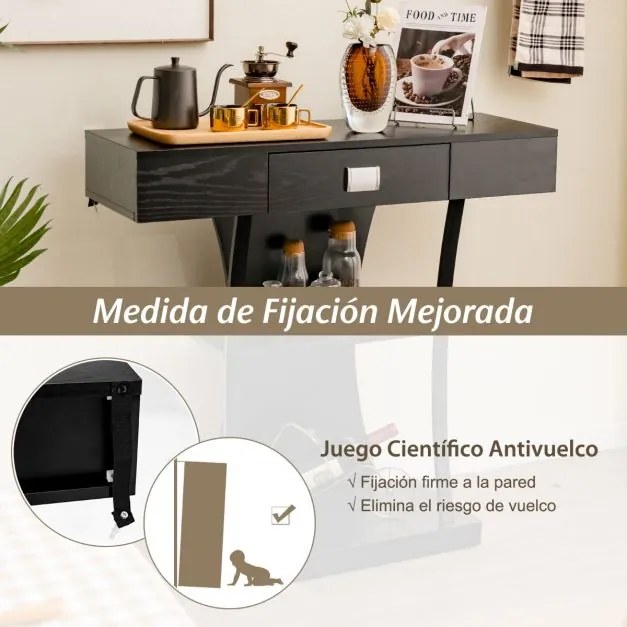 Mesa consola em forma de T com gaveta e Estantes moderna 91 x 30 x 88 cm Preta