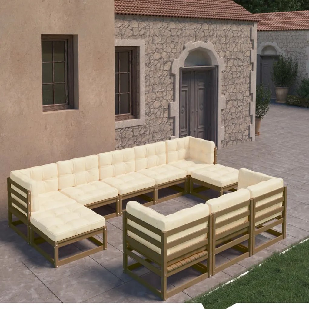 vidaXL 10 pcs conj. lounge jardim almofadões pinho maciço castanho mel