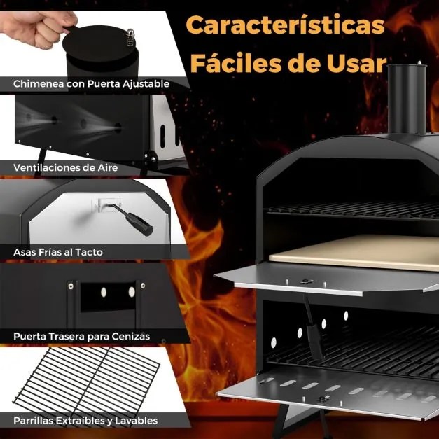 Forno de Pizza Exterior de 2 Camadas Fogão Portátil com Pedra, Pá e Grelhas para Churrasco e Tampa para Acampamento 61 x 53 x 83 cm Preto