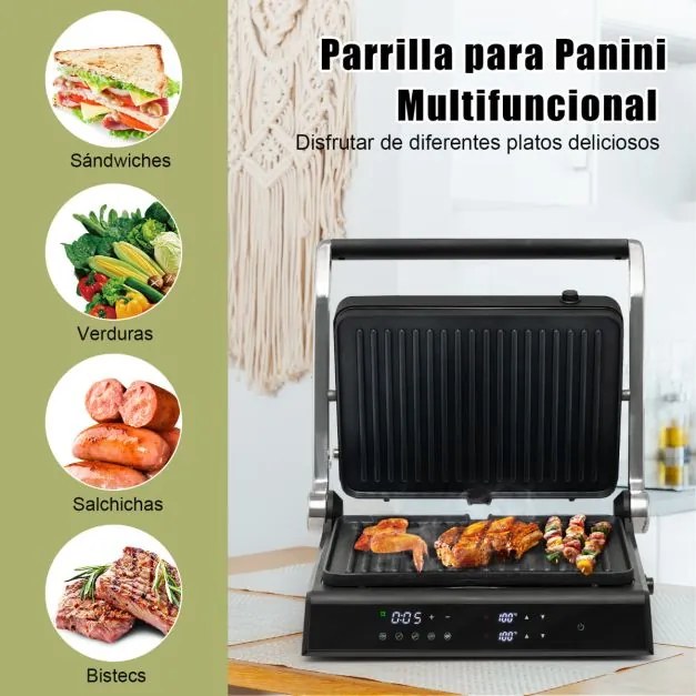 Grelhador Elétrico 1800-2000W 3 em 1 Sanduicheira Abertura de 180º Folhas antiaderentes Controlo de temperatura 35 x 30 x 14 cm Preto