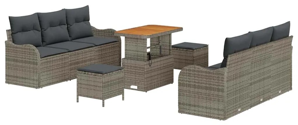 Conjunto de Sofá de Jardim com 9 peças e almofadas cinzas em rattan si