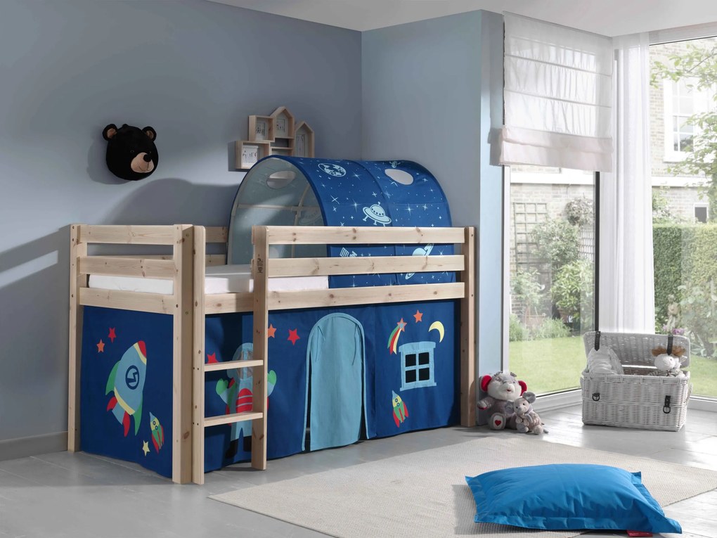 Conjunto Cama alta de Criança PINO 90 x 200 cm + estrado + escada + cortina + túnel Espaço Natural