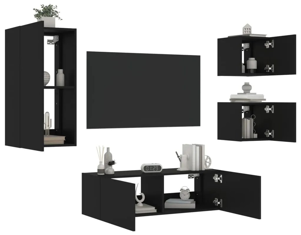 vidaXL 4 pcs móveis de parede para TV com luzes LED preto